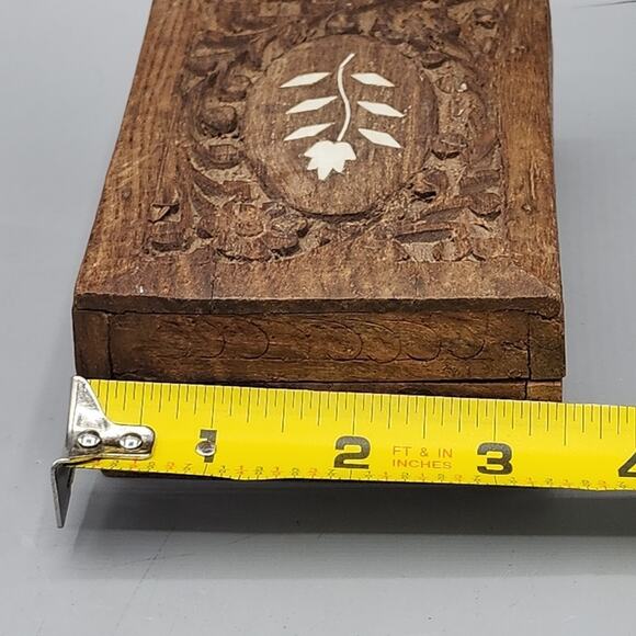 Vintage Hinged Lid Wooden Trinket Jewelry Box Ornate Floral Inlay on Top - Picture 14 of 15